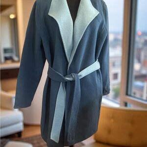 NWOT Talbots Gorgeous Teal & Light Blue Double Faced Wool Flannel Belted Coat
